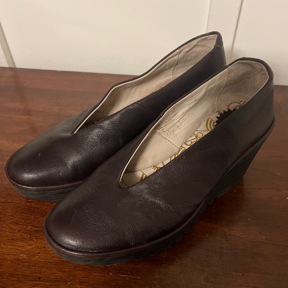 Fly London Dark Brown Leather Wedge Slip-Ons
